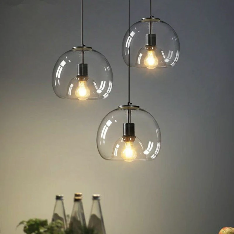 Industrial 3 Lights Dining Table LED Pendant Lamps Smoke Gray Amber Glass Ceiling Hanging Lamp for Kitchen Island Long Round E27