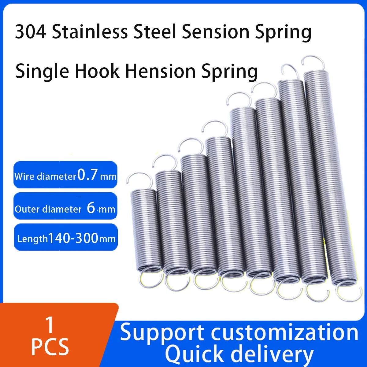 

Single Hook 304 Stainless Steel Tension Spring Wire Diameter 0.7mm Outer Diameter 6mm L 140-300mm Customization