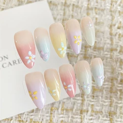 10pcs Handmade Almond Fake Nails Wearable Press on Nails Sweet Flower Charms Acrylic Nails Gradient Full Cover Manicure Reusable
