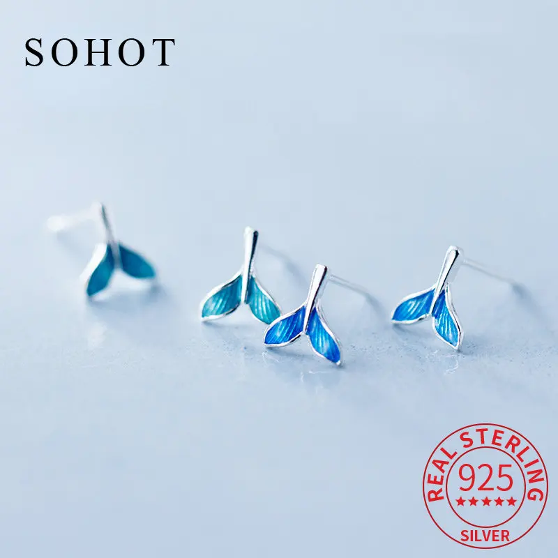 Real 925 Sterling Silver Blue Enamel Fish Tail Stud Earrings For Elegant Women Birthday Party Classic Fashion Jewelry