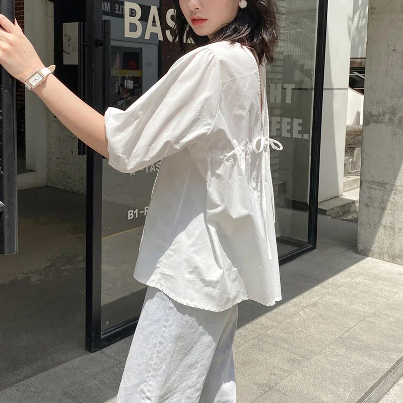 Summer Korean Harajuku Solid Color Women Tops Sexy Backless Fashion New Puff Sleeve Tee Shirts Femme Hemd Damen Vestidos Chemise