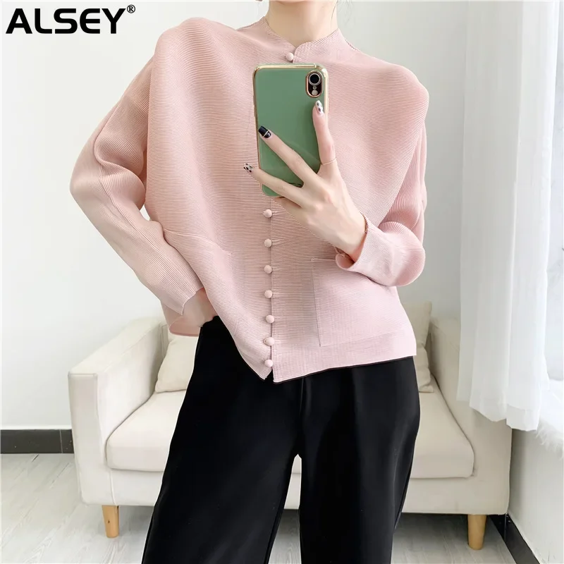 

ALSEY Miyake Pleated Blouse Women Spring and Autumn New Single Breasted Jacket Long Sleeve Fashion Hundred Women's Clothes New