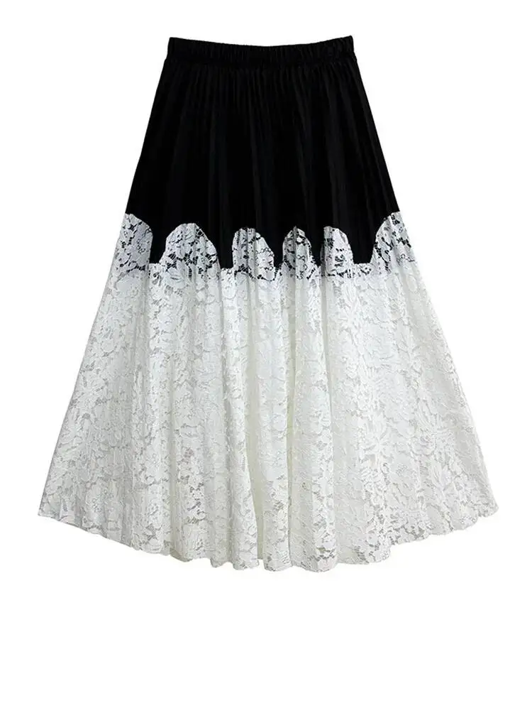 Elastic Waist High White Lace Color-block Pleated Midi Half-body Skirt Women Fashion New Spring Autumn 2026 VB57