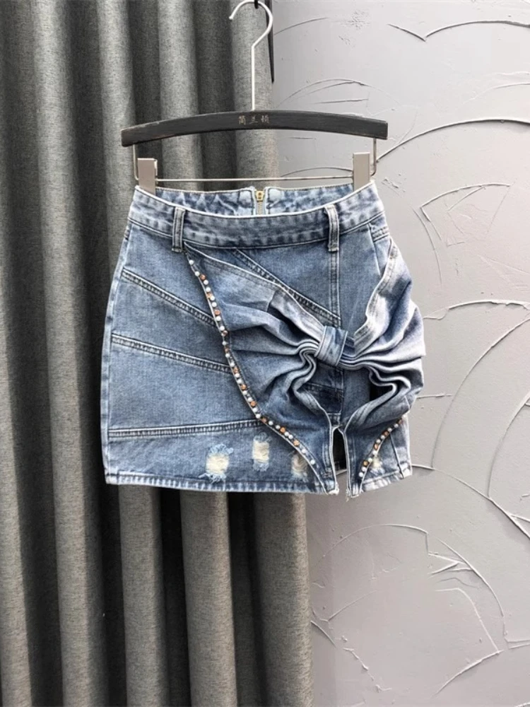 

Women Denim Skirt Big Pleated Bow Colored Gemstone Diamond High Waist A-Line Mini Skirts 2025 Summer New Fashion Y2k Half Dress