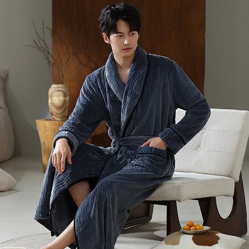 

Men's Coral Velvet Robe Autumn Winter Leisure Home Clothes Warm Fleece Long Nightgown V-Neck One-piece Bathrobe Sleepwear