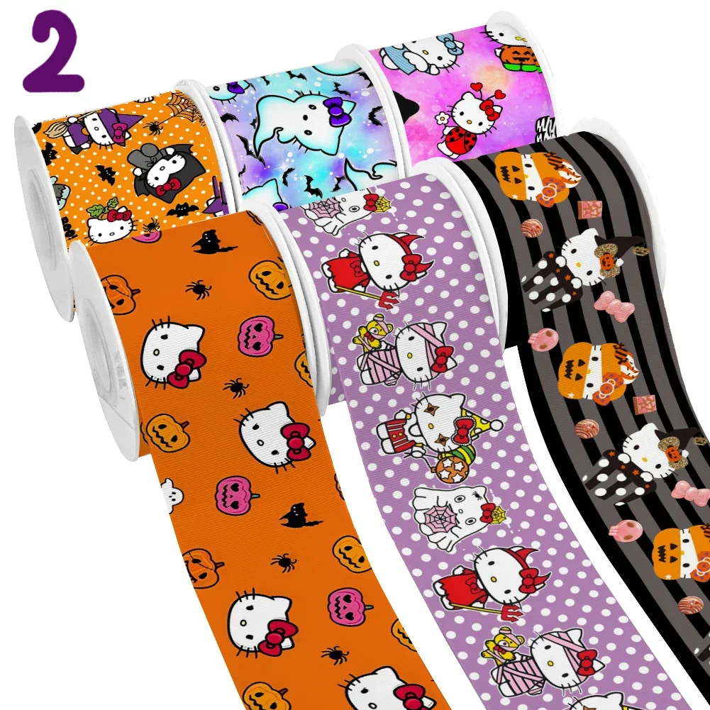 Halloween Theme Japanese Sanrio Cartoon Hello Kitty Design Printed Grosgrain Satin Ribbon for Gift Wrapping Hair Bow 50 Yards