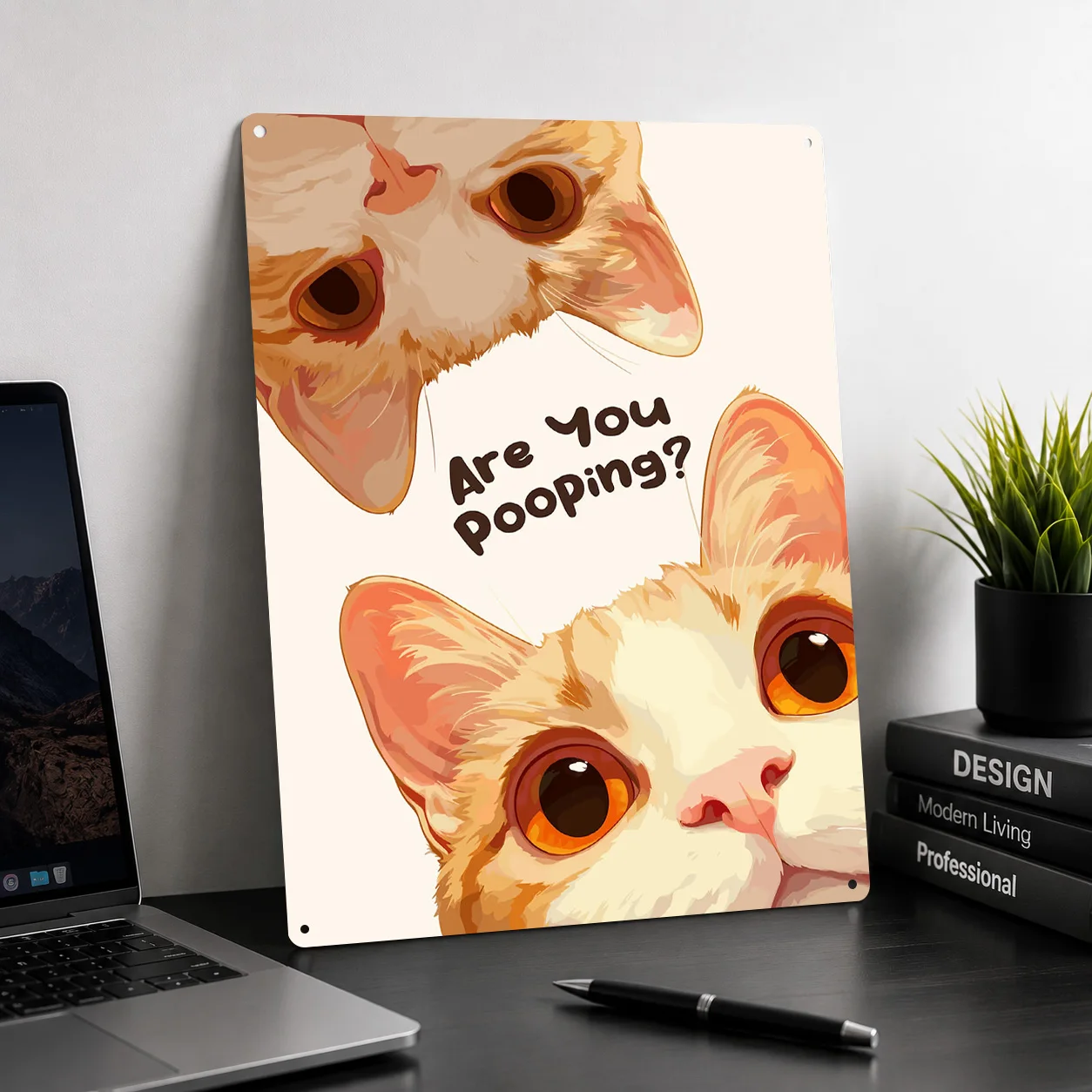 Curious Cats: Are You Pooping? Personalized 3D Textured Metal Poster Wall Art Tinplate Sign for Custom Plate Home and Decoration