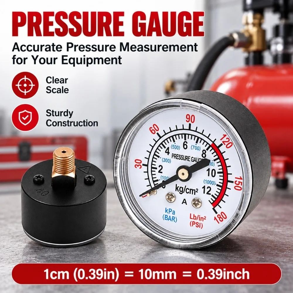 42/53mm Air Compressor Pneumatic Gauge 0-12Bar / 0-180PSI Thread 9.7/12.7mm Hydraulic Fluid Pressure Gauge