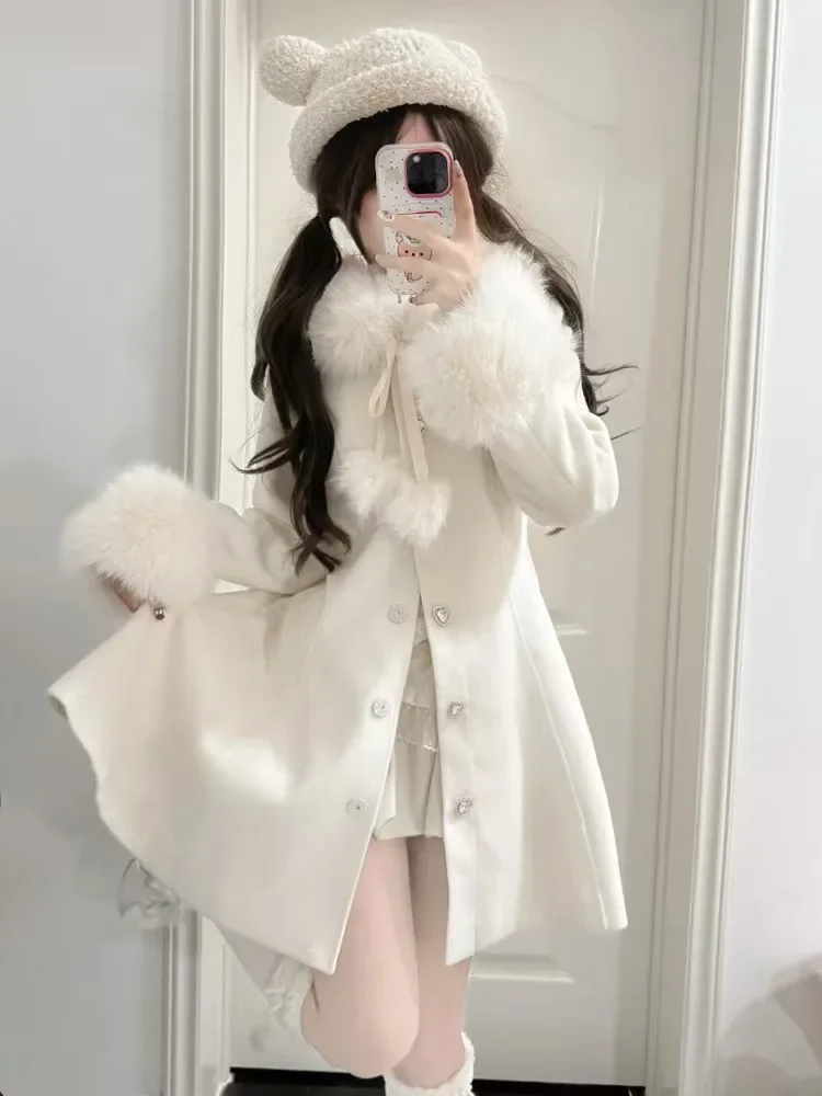 Japanese Sweet Elegant Fur Collar Splicing Long Sleeve Love Buckle Single-breasted A-line Woolen Coat Women Winter Long Jackets