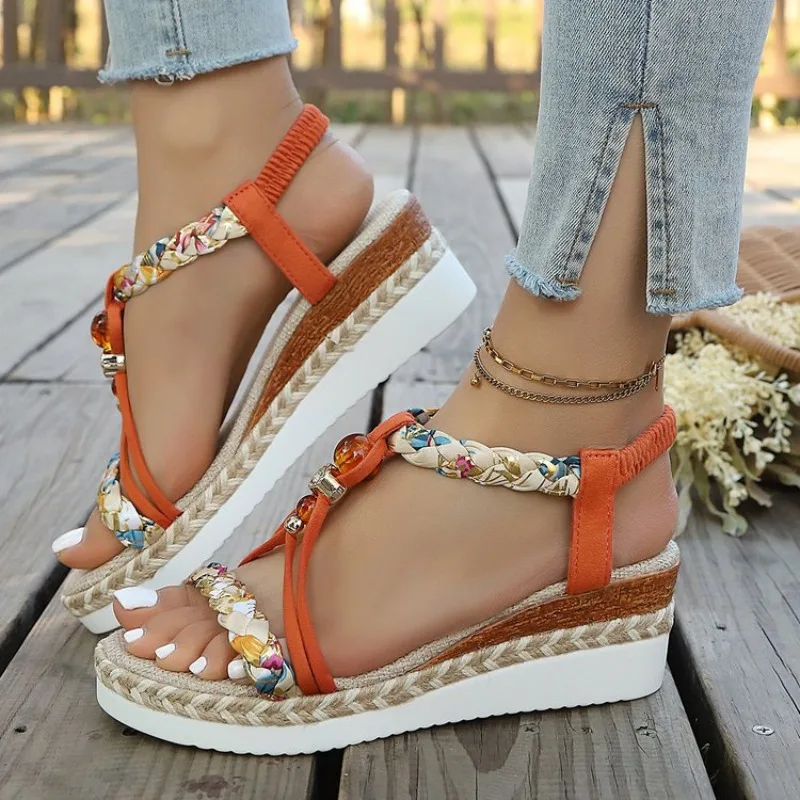 Modische T-Riemen-Plateau-Sandalen für Damen, neue Mischfarben, elastisches Band, Keilsandalen, Damen-Sommer-Sandalen mit offenem Zehenbereich, Sandalias für Frauen