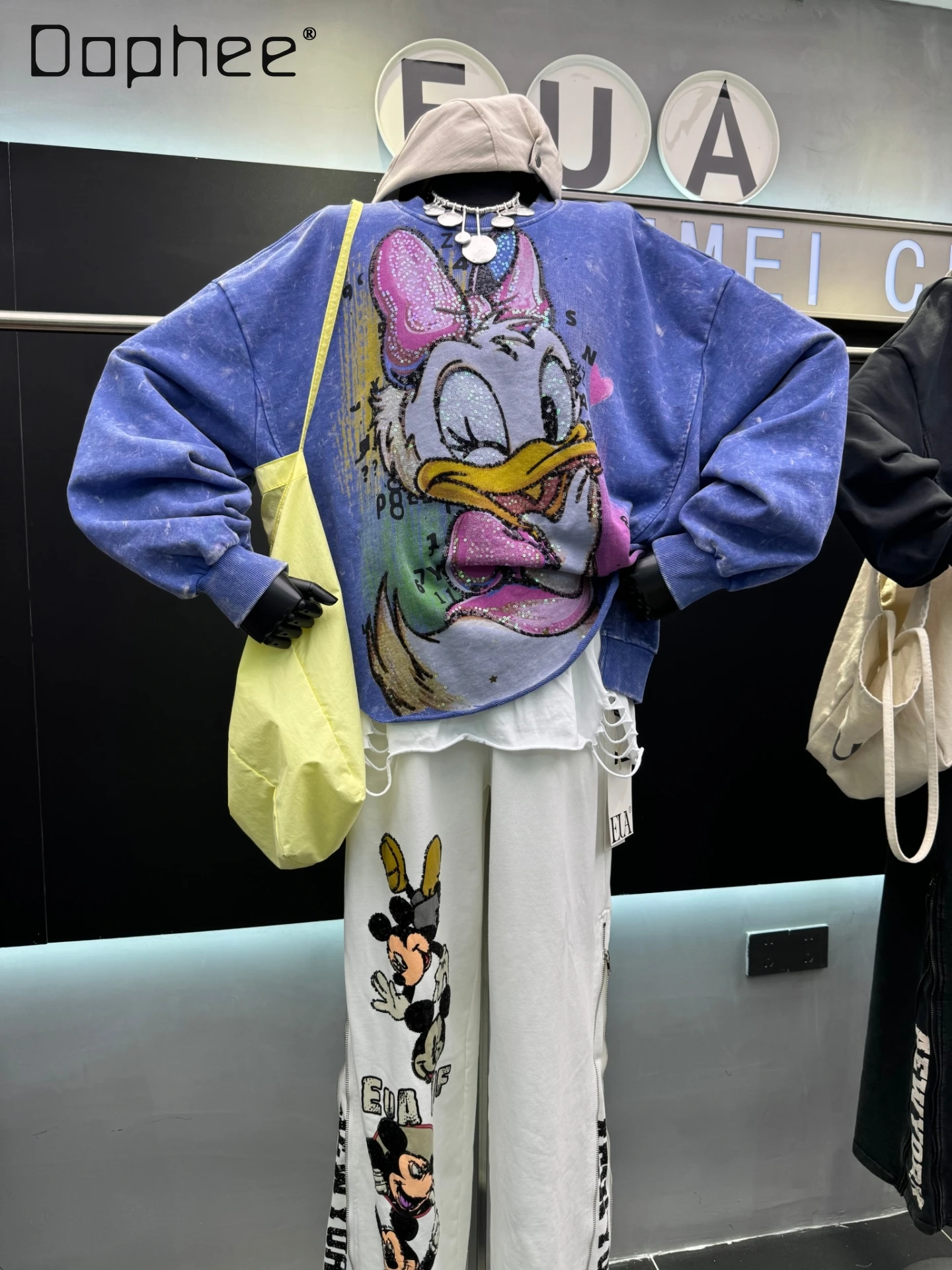 European Style Women's Sweatshirt 2025 Autumn New Heavy Sequin Duck Print Pullover Sweatshirt Loose Versatile Fake Two-Piece Top