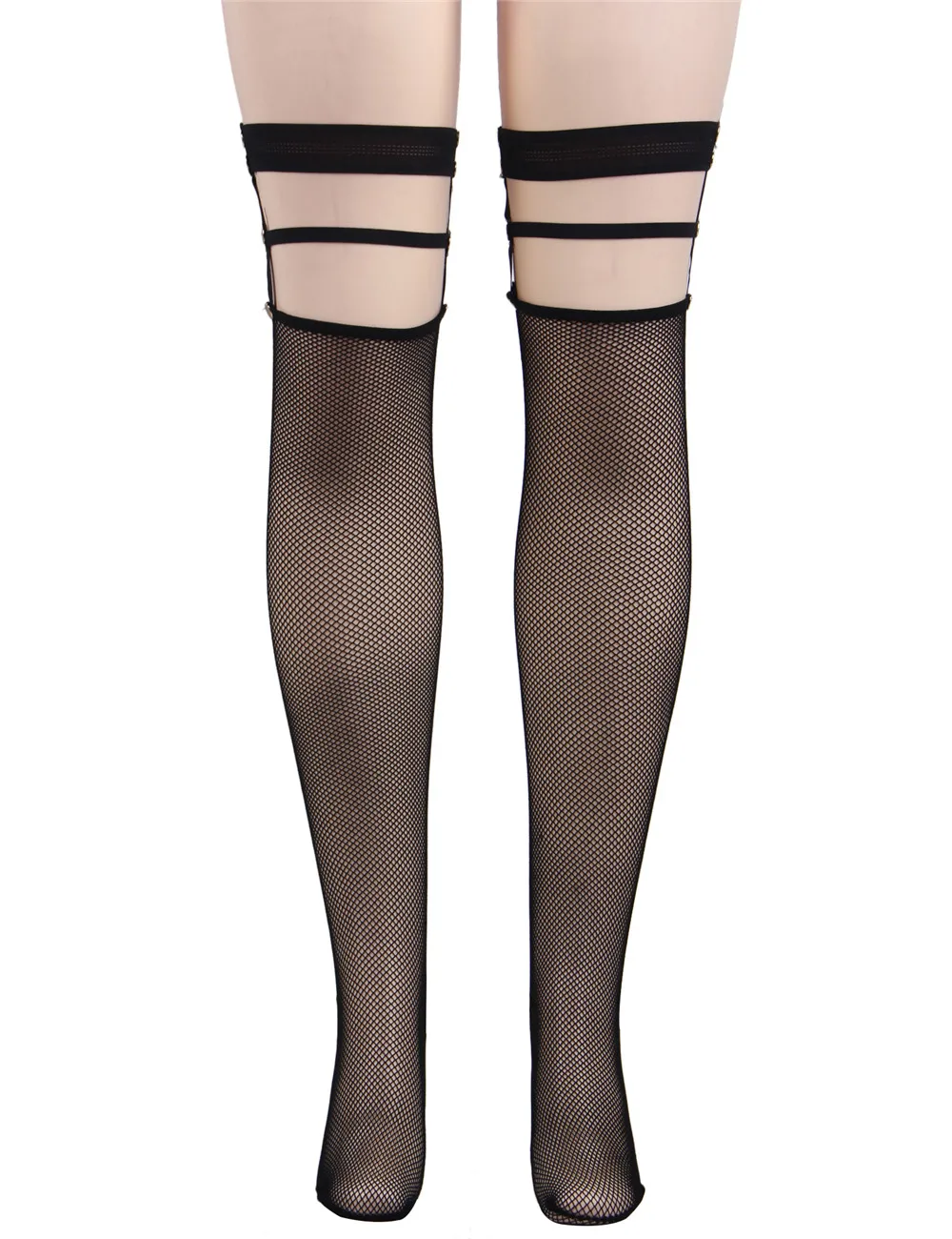 Comeondear Women's Stockings Mesh Erotic High Elastic Hosiery Tight Stylish Over Knee Black Fishnet Long Socks With Leg Loops