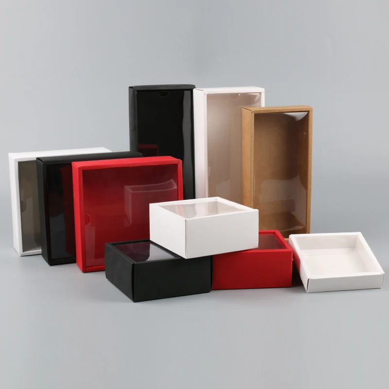 10pcs Clear PVC Lid Red/White/Black/Kraft Paper Box Handmade Soap Candy chocolate biscuit boxes for wedding party gift wrap
