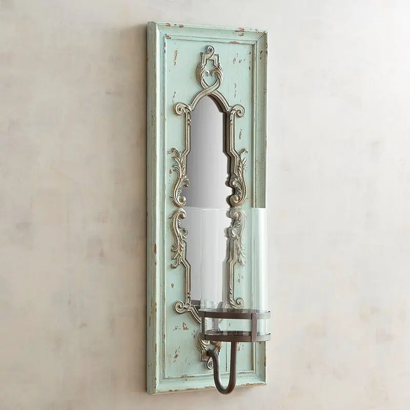 Bohemia Light Green Wooden Wall Sconce Lamp With Mirror Noble Elegant Wall Mounted Lighting Bracket In Bedside Foyer Hallway