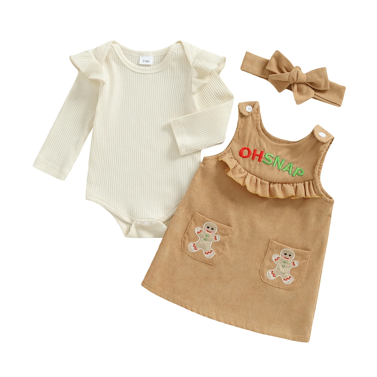 

Baby Girl Christmas Outfit Solid Ribbed Long Sleeve Romper Overall Dress and Bow Headband 3 Piece Set