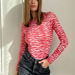 Zebra-Stripe Print Pink Slim Top for Women Fashion O-Neck Long Sleeve T Shirts Female Spring Summer Bodycon Streetwear