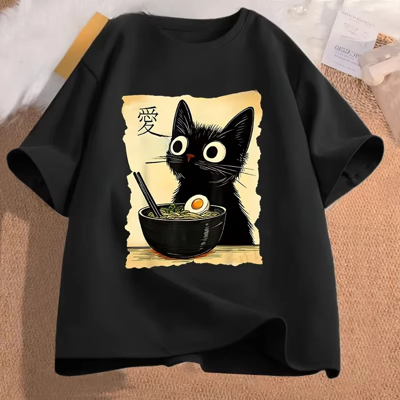 Funny Kawaii Anime Cat Eating Ramen Graphic Tee Unisex Japanese Style Short Sleeve Trend Casual Streetwear Fashion Tops