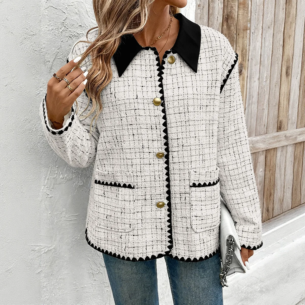 

Women Plaid Wool Short Coats Spliced Turn Down Collar Long Sleeve Pocket Single Breasted Straight Office Lady Casual 2025 Autumn