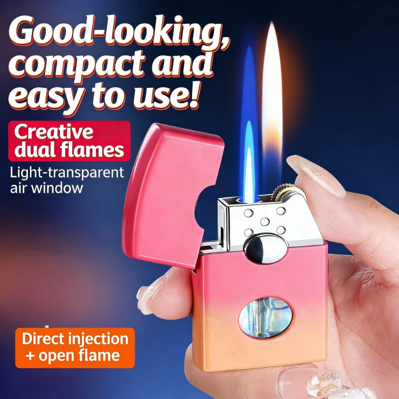 Dual Flame Switchable Lighter Jet & Open Flame, Refillable Butane Gradient Color Design with Transparent Gas Window & LED Light