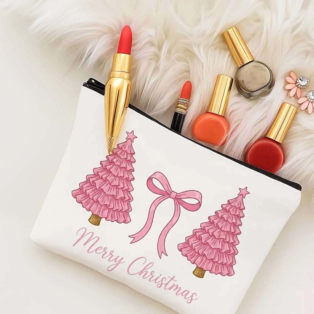 Cute Pink Ruffle Christmas Trees Bow Print Zipper Pouch Merry Christmas Cosmetic Makeup Bag Travel Storage Holiday Gift