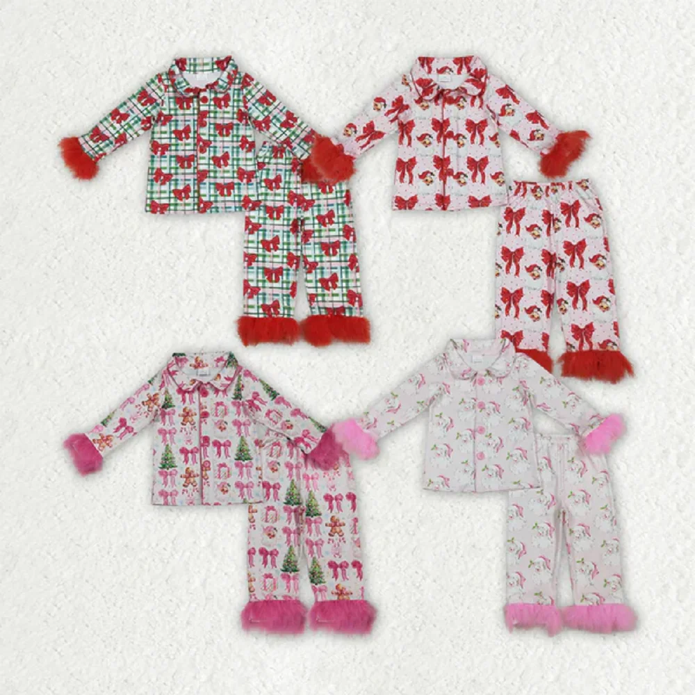 

Winter Fashion Sibling Baby Girls Christmas Fur Sleeve Bows Buttons Top Pants Pajamas Sets Wholesale Boutique Children Skirt
