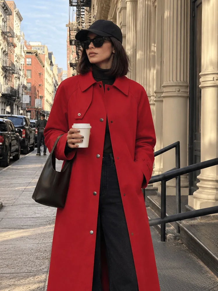 HH Women's Red Long Trench Coat Fall Winter Elegant Loose Fit Snap Button Overcoat Casual Streetwear Commuter Jacket for Ladies