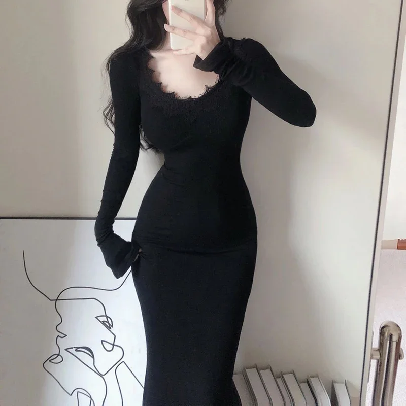2025 New Spring Women Sexy Bodycon Wrap Long Dress Female Chic Lace V-neck Dress Lady Designer Party Slim Fit Knitted Dress