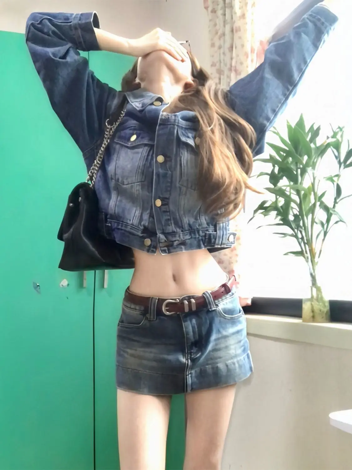 

Spring 2026 Women's Fashion Set Low Waist Denim Jacket And Skirt Pants Two Piece Set Korean Style Long Sleeve Collar Button