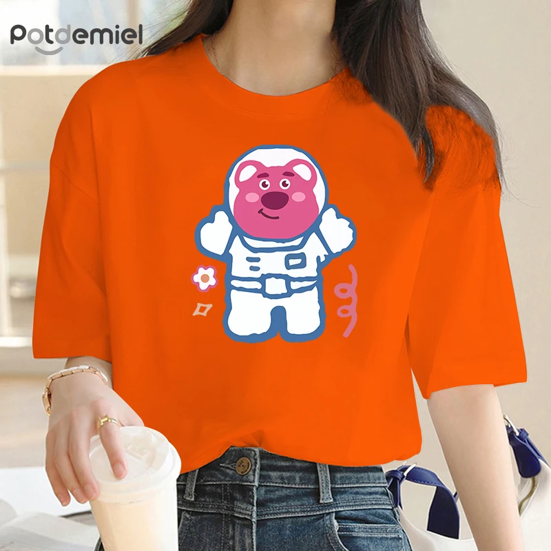 Funny Spaceman Women T-Shirt O-Neck Harajuku T Shirts Strawberry Bear Lotso Fashion Cotton Crop Top Casual Sport T Shirt