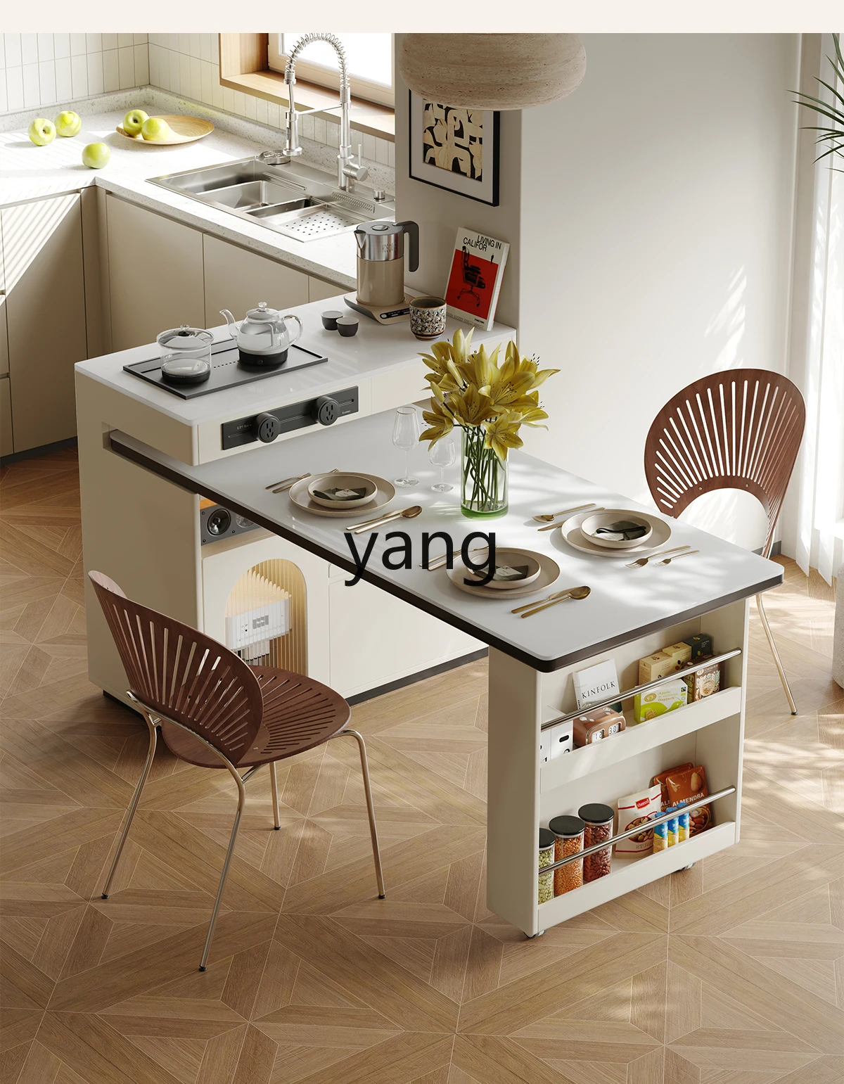 LMM household retractable rotating small apartment rock slab open solid wood bar