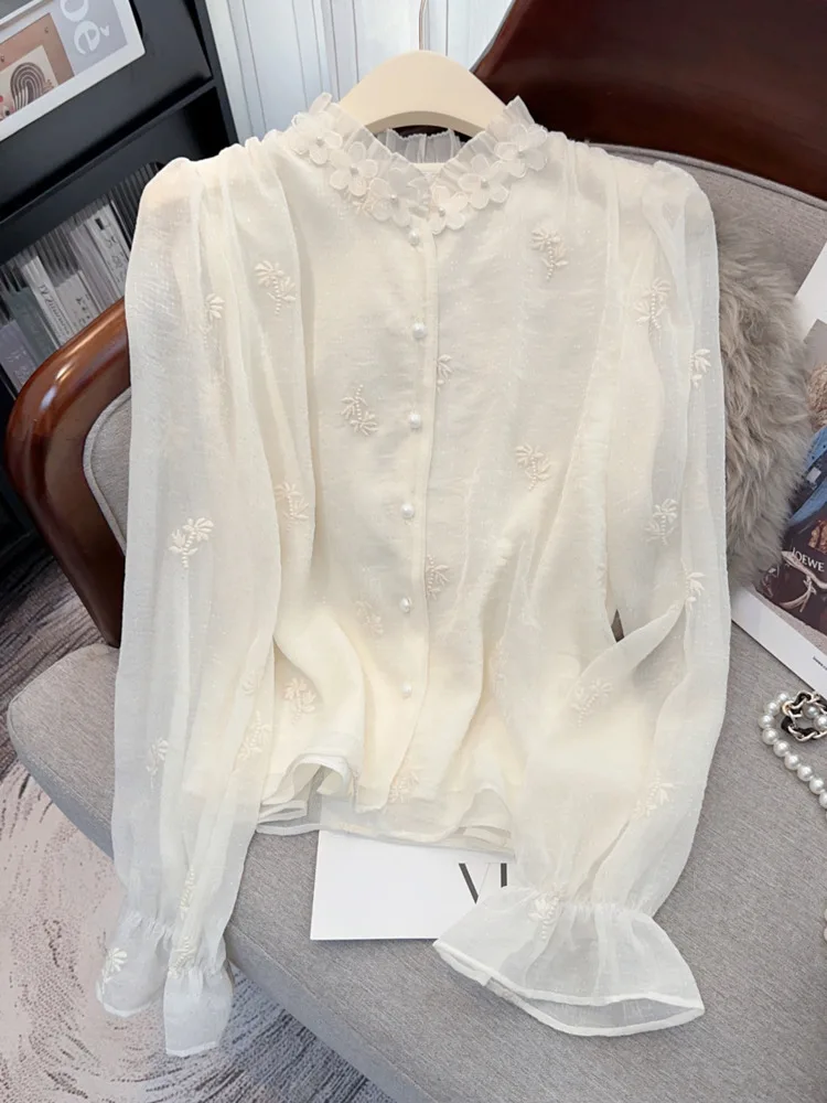 

Spring And Autumn New Floral Shirt For Women High-End Embroidered Chiffon Blouse Sweet And Gentle Temperament Long-Sleeve Tops