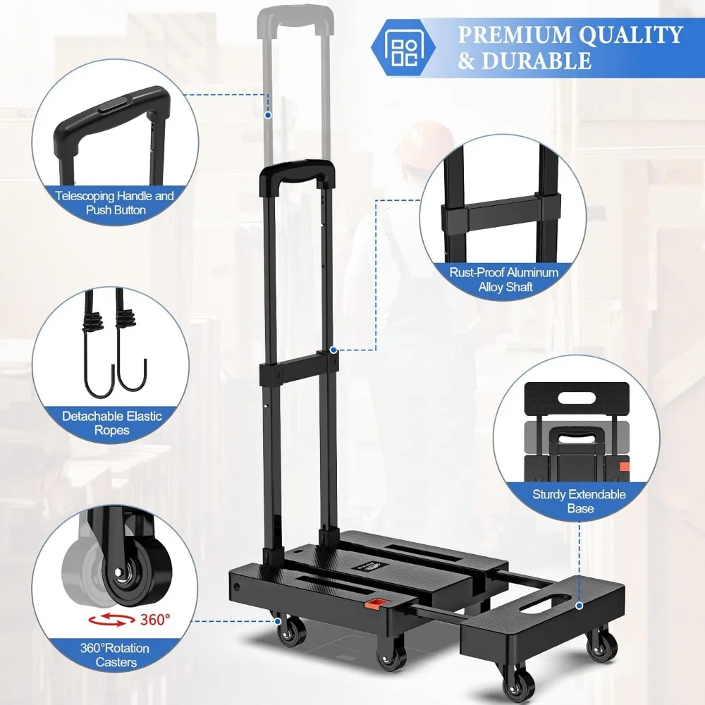 Wózek ręczny składany o dużej wytrzymałości, udźwig 227 kg, wózek transportowy z 6 kołami i elastycznymi linkami do przeprowadzki, podróży i zakupów.