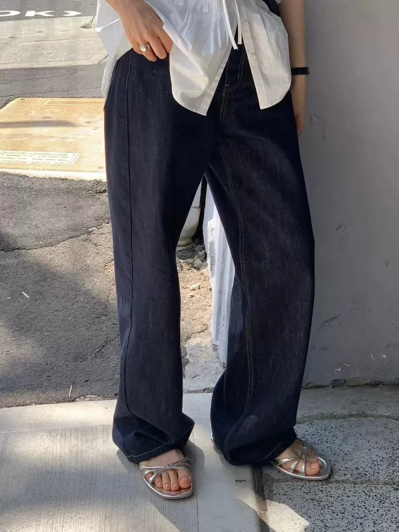 

High Waist Wide Leg Denim Jeans Women's Vintage Faded Loose Straight Drapey Slimming Floor-Length Pants Cotton Zipper