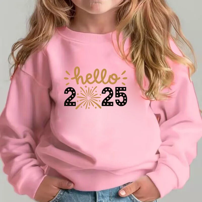 Children's Sweatshirt Hello 2025 Print Boy and Girl Pullover Autumn Long Sleeve Happy New Year Y2K Sudaderas Kids Fashion Hoodie