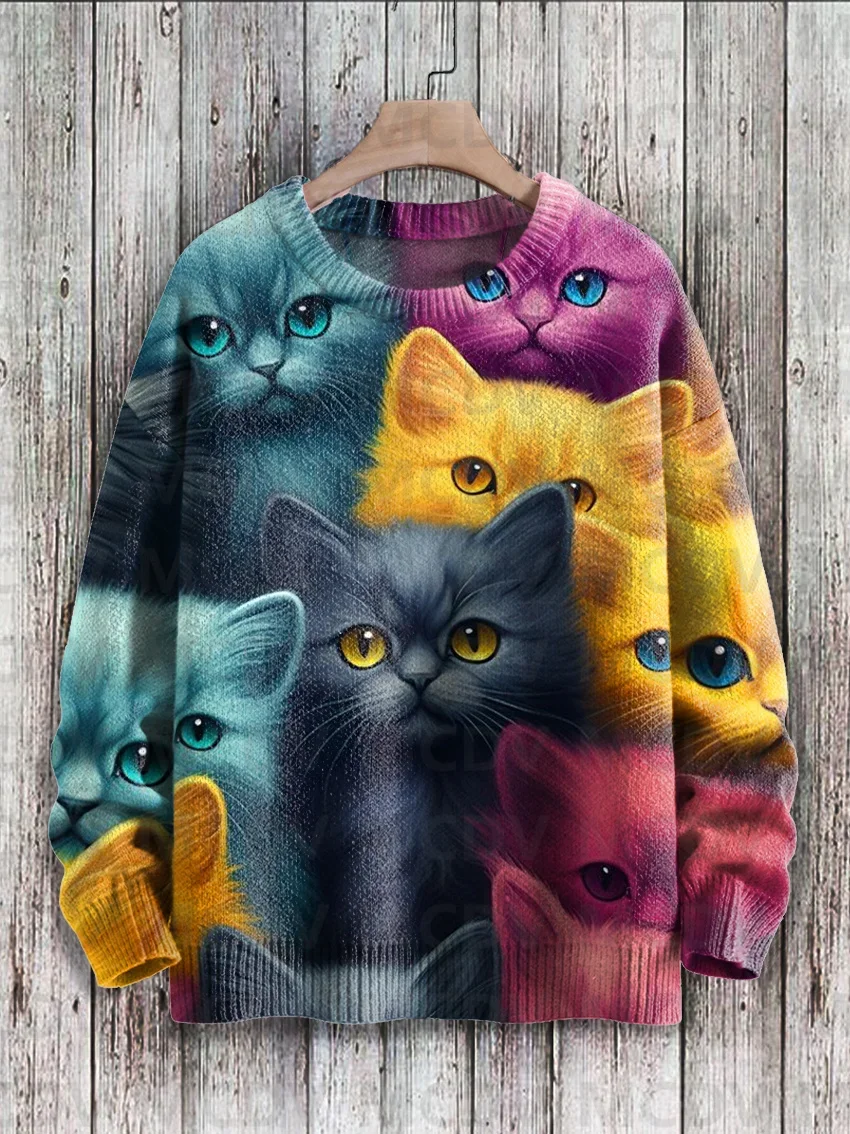 

Multicolor Cute Cat Art Print Knit Pullover Sweater Women For Men Sweater