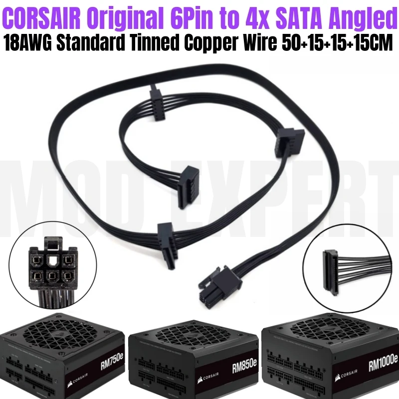 Original CORSAIR 6Pin to 4 Port SATA Angled HDD SSD Power Cable 18AWG for RM750e RM850e RM1000e Type 4 Modular Power Supply Unit