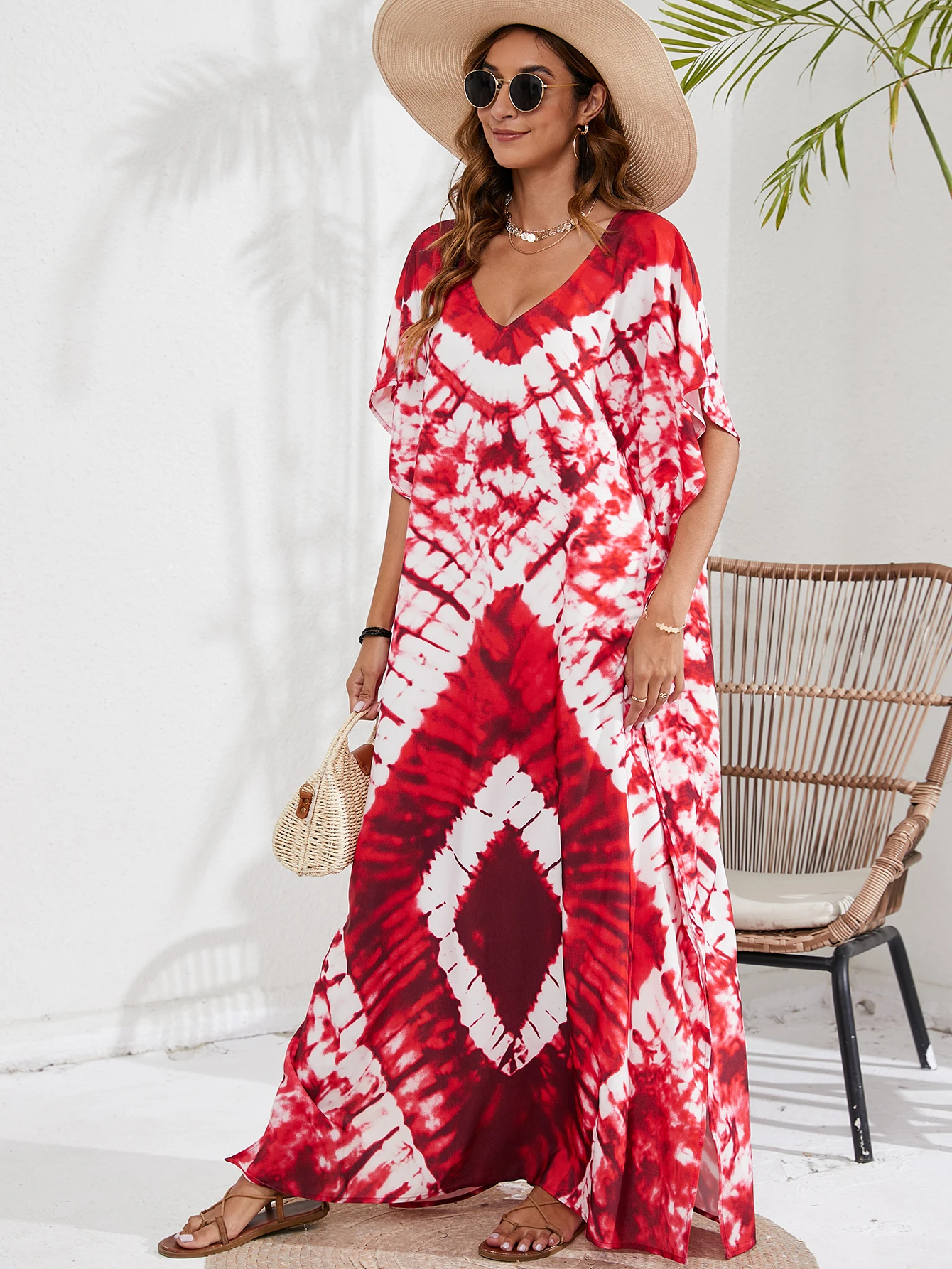 Plus Size Boho Cover Up Women s Plus Tie Dye & Geo Print Batwing Sleeve V Neck Kaftan Beach Cover Up Dress