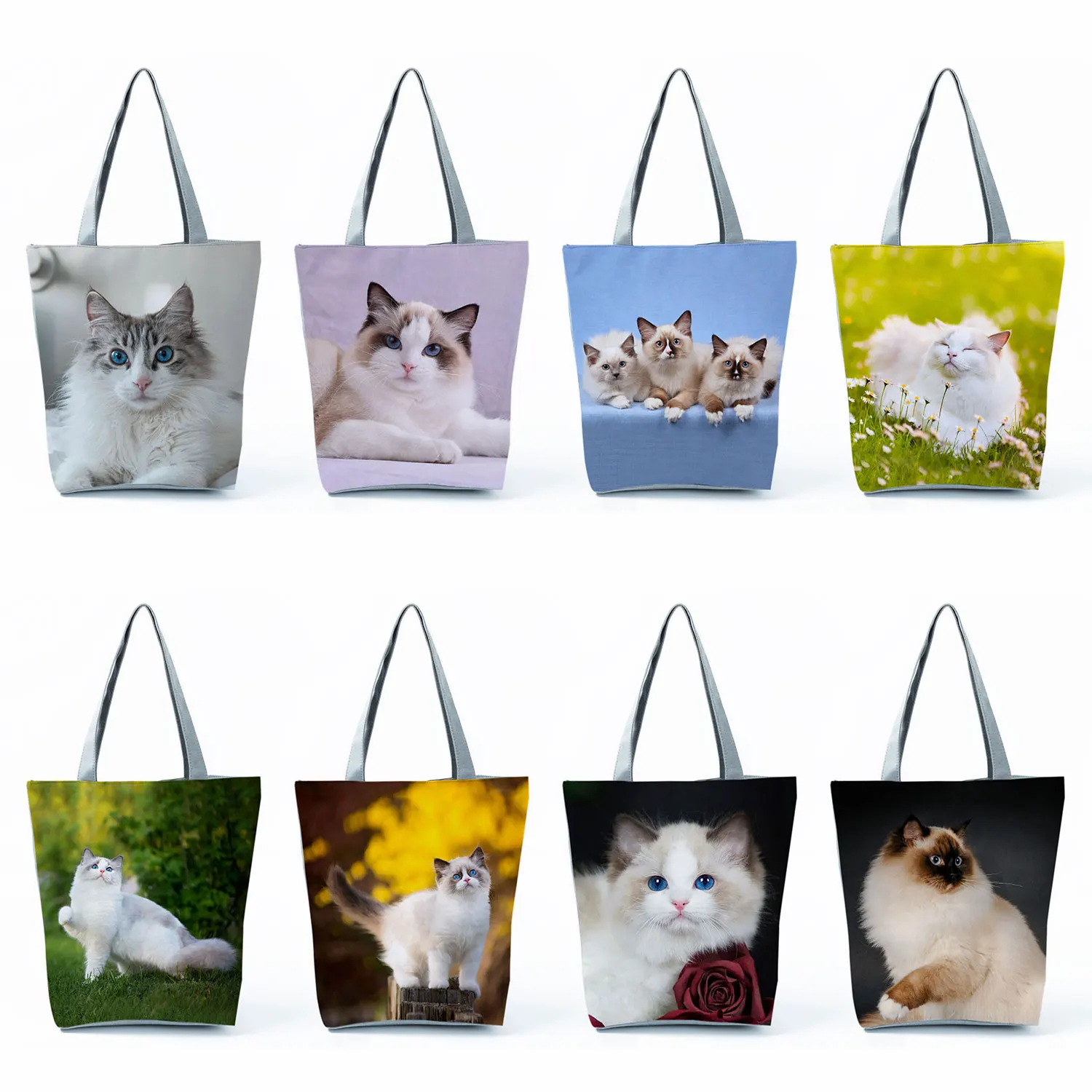 Ragdoll Siamese Cat Print Handbags Groceries Women Shopping Bags Cute Animal Large Capacity Shoulder Bags Female Office Totes
