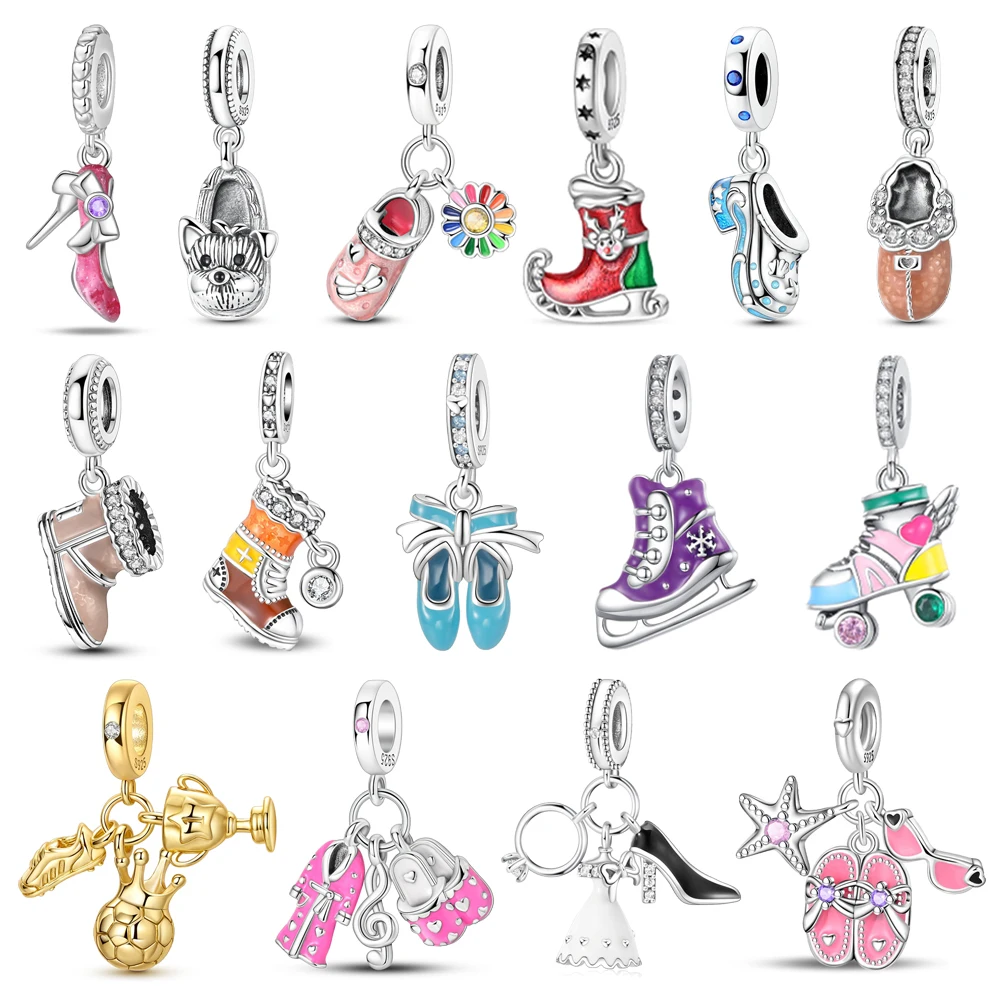 الكلاسيكية 925 فضة الأحمر عالية الكعب و الذهبي أحذية رياضية كرة القدم الكأس استرخى سحر يناسب سوار بوتيك سلسلة الأحذية الهدايا