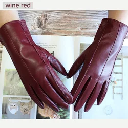 Women's Colored Leather Gloves Fashion Striped Style with Velvet Lining Warm Autumn Winter Sheepskin Finger Gloves