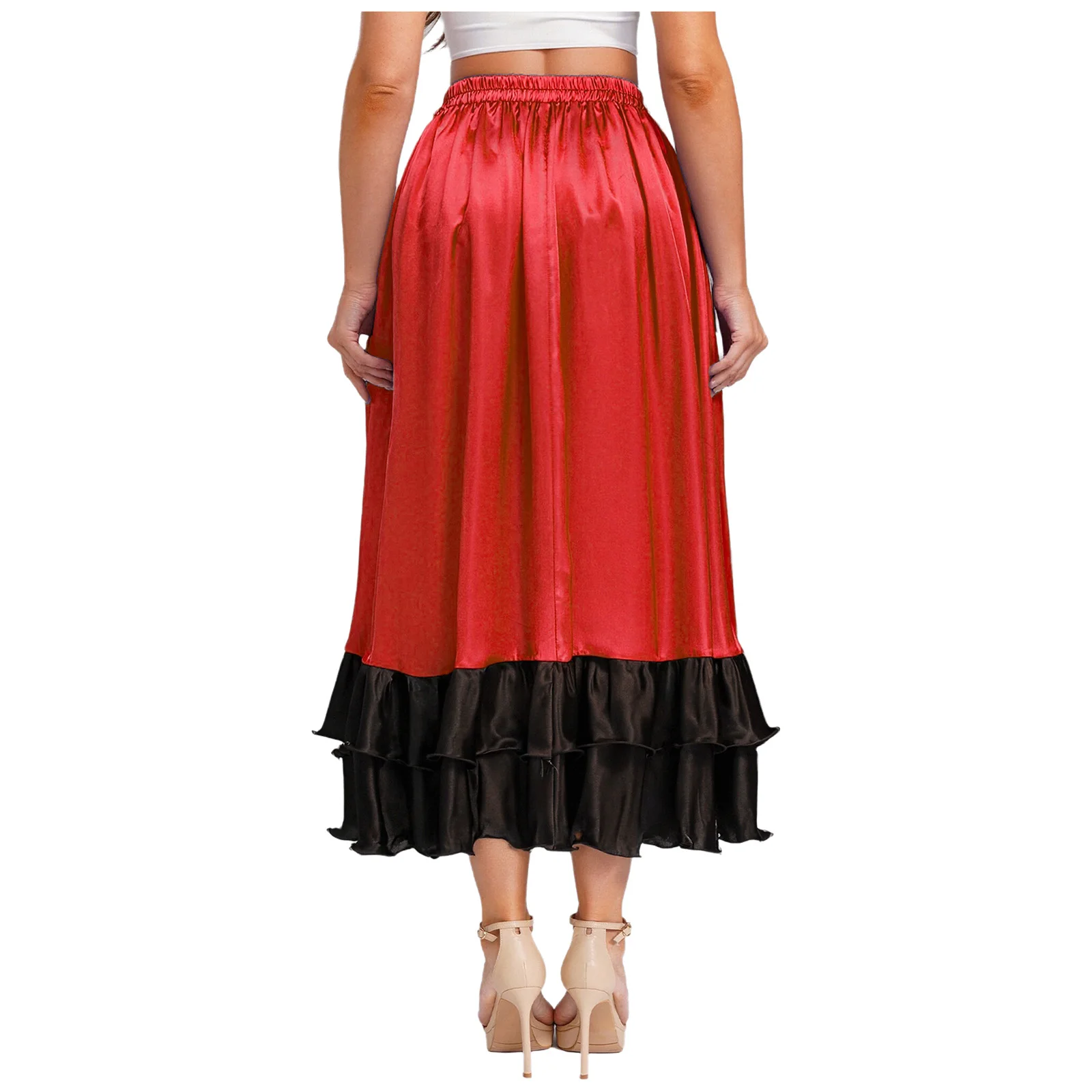 Womens Classical Flamenco Dance Skirt Ruffled Trim Irregular Hem Contrast Color Satin Big Swing Skirt for Spanish Dance Tango