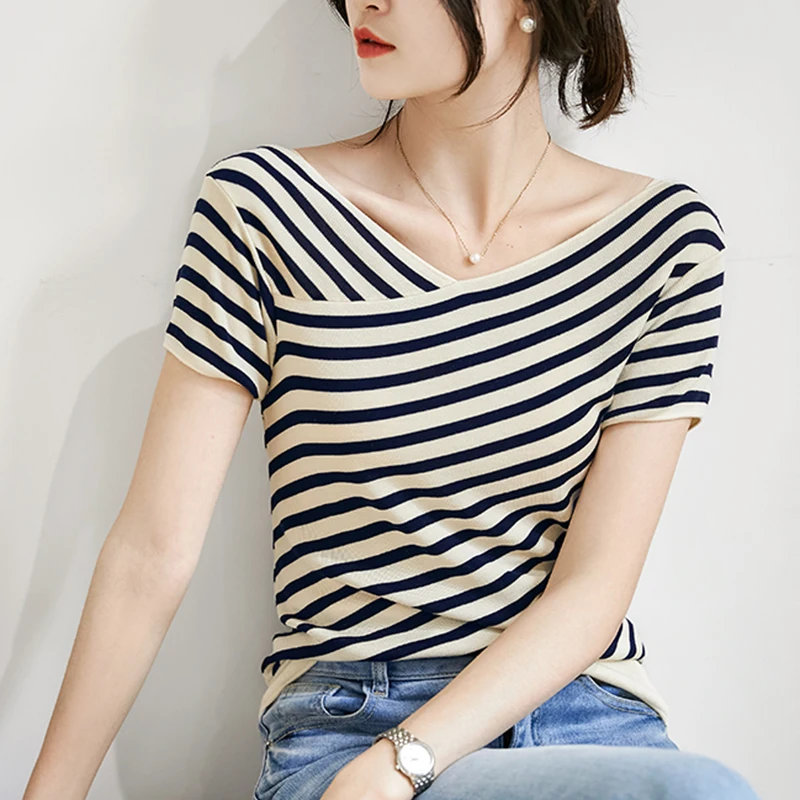 

Tee Shirt Femme 2023 Summer Womens Clothing Ice Silk Slim Tshirts Women Striped Short Sleeve T Shirt V Neck Knitted Tops Female