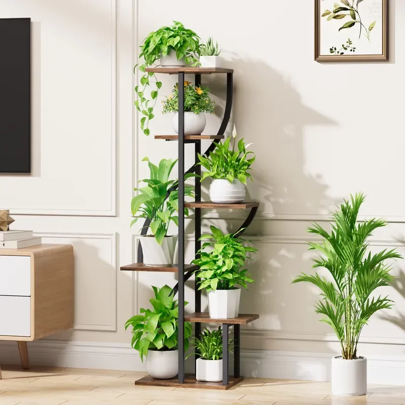 7 Tier S Shape Plant Stand Wood Metal Flower Pot Rack Indoor Living Room Home Garden Decor Display Shelf for Potted Plants