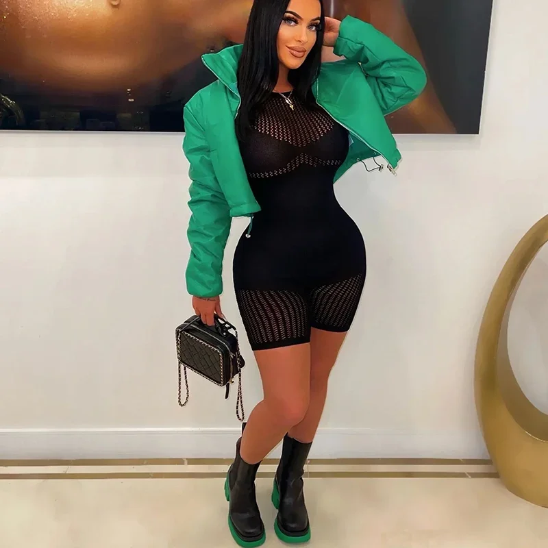 المرأة مثير بلون طويلة الأكمام انظر من خلال الزي بقماش شفاف الجوف خارج قصيرة رومبير الربيع الصيف مثير Bodycon حللا