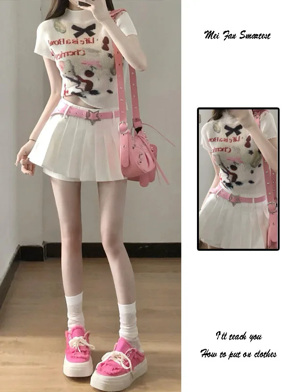 

White Pleated Skirt Women's Spring Autumn New Heart Belt Small Size Sexy Spicy A-Line Short Skirt Pants Korean Style