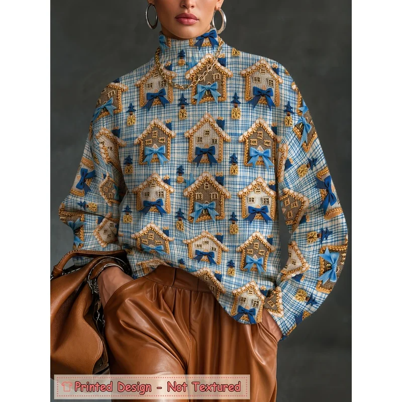 Women's Vintage Collage Print Turtleneck Sweater Long Sleeve Knit Pullover Loose Casual Warm Autumn Winter Fashion Jumper Top