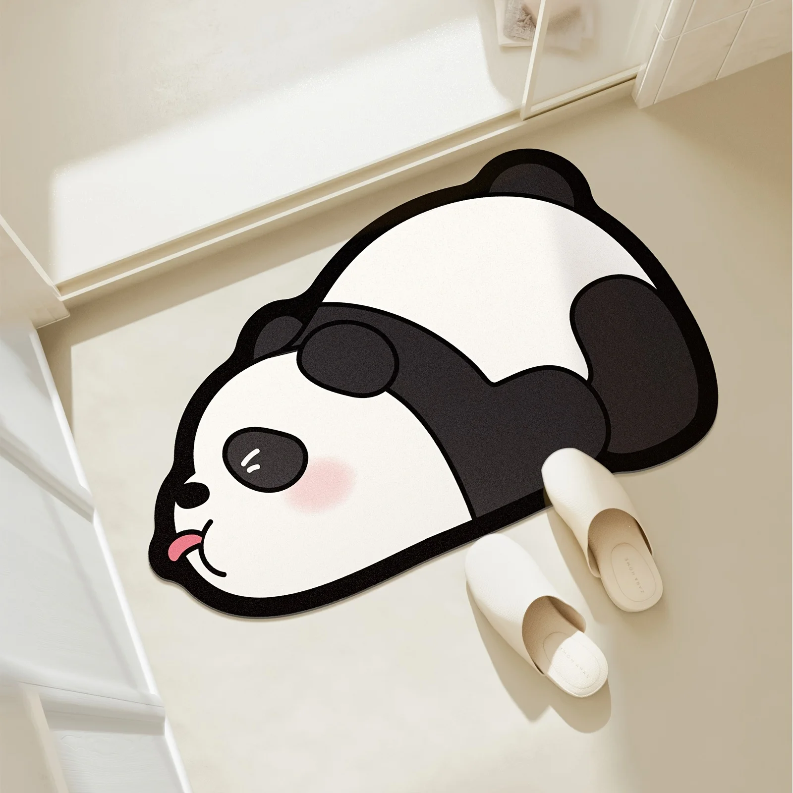 VIKAMA Irregular Lying‑down Panda Bathroom Doormat Cute Blush Tongue‑out Panda Print Water‑absorbing Nonslip Household Floor Mat