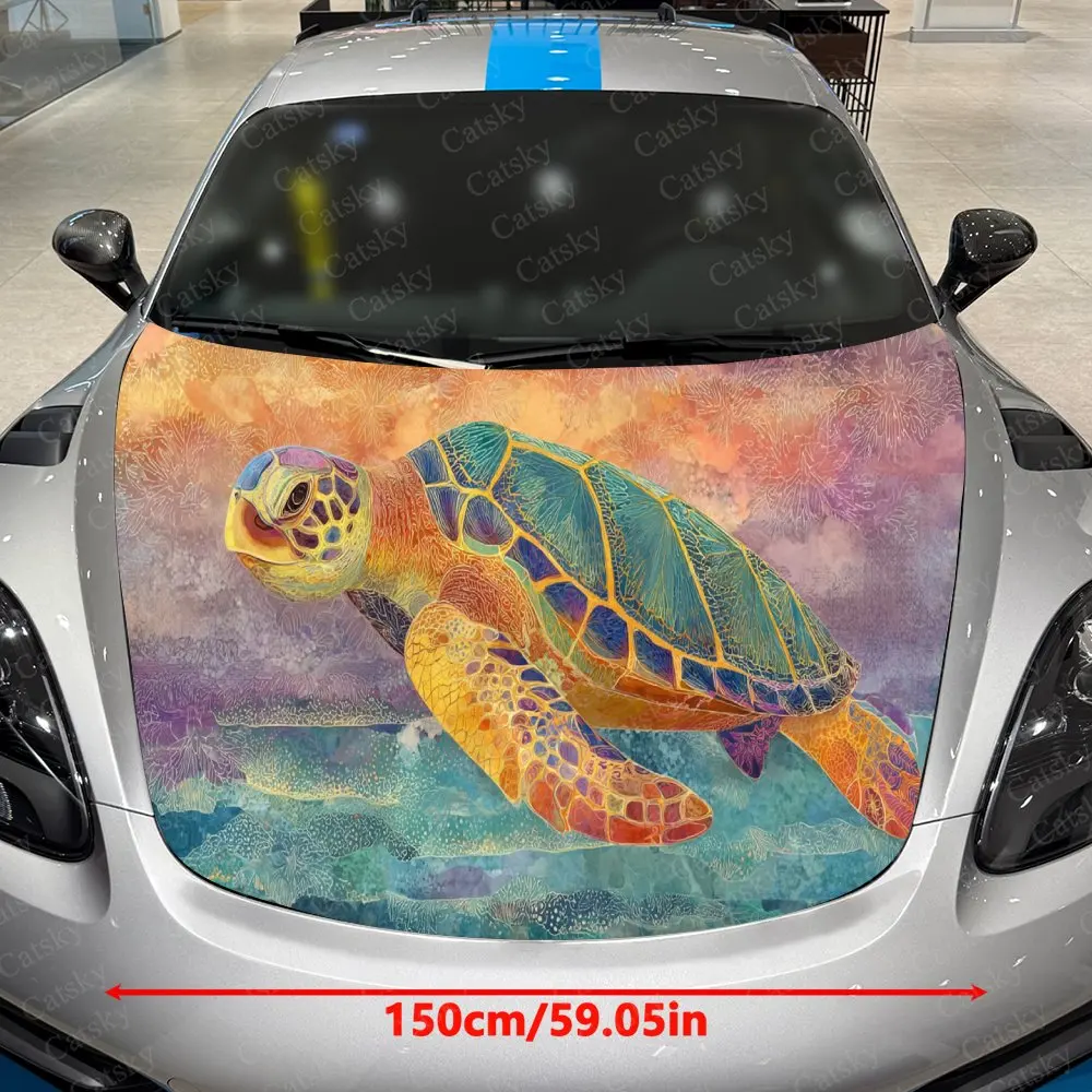 Sea Turtle in Colorful Sea Car Hood Stickers - Self-Adhesive, Waterproof and Durable Vinyl Wrap, Decorate And Protect Your Car -