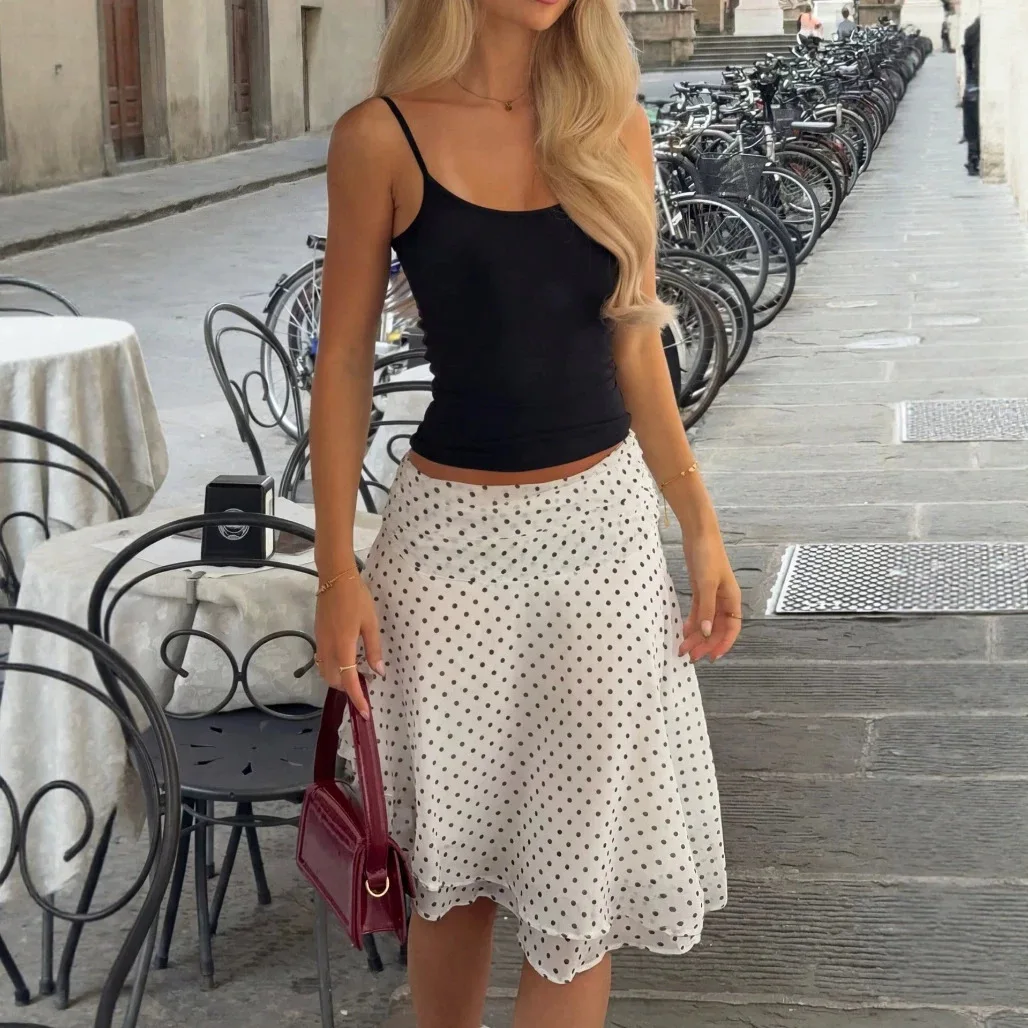 French Vintage Polka Dot Midi Skirt Women Summer High Waist A-Line Ruffle Skirt Y2K Elegant Chiffon Mesh Flowy Beach Skirts