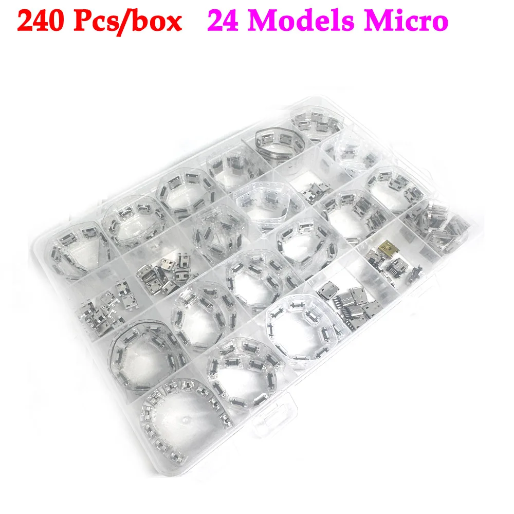 

240 Pcs/box 24 Models Micro USB Connector Socket Jack USB Connectors Set for MP3/4/5 Lenovo ZTE Huawei Samsung SONY Xiaomi HTC